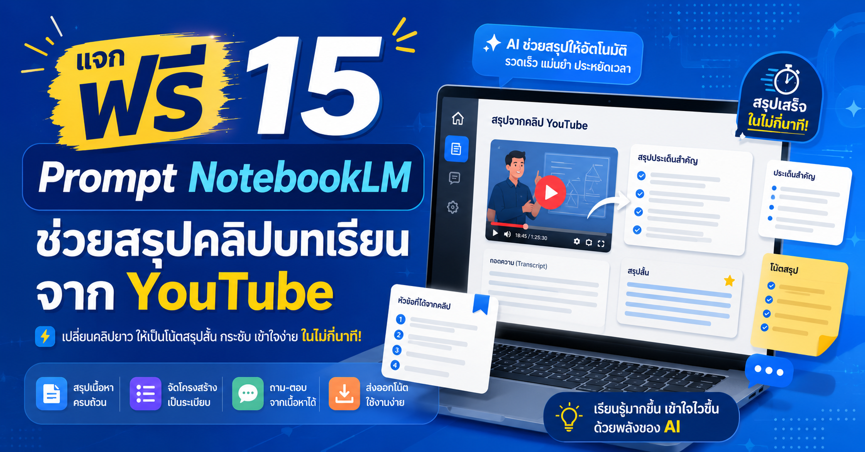 แจกฟรี 15 Prompt NotebookLM ช่วยสรุปคลิปบทเรียนจาก YouTube