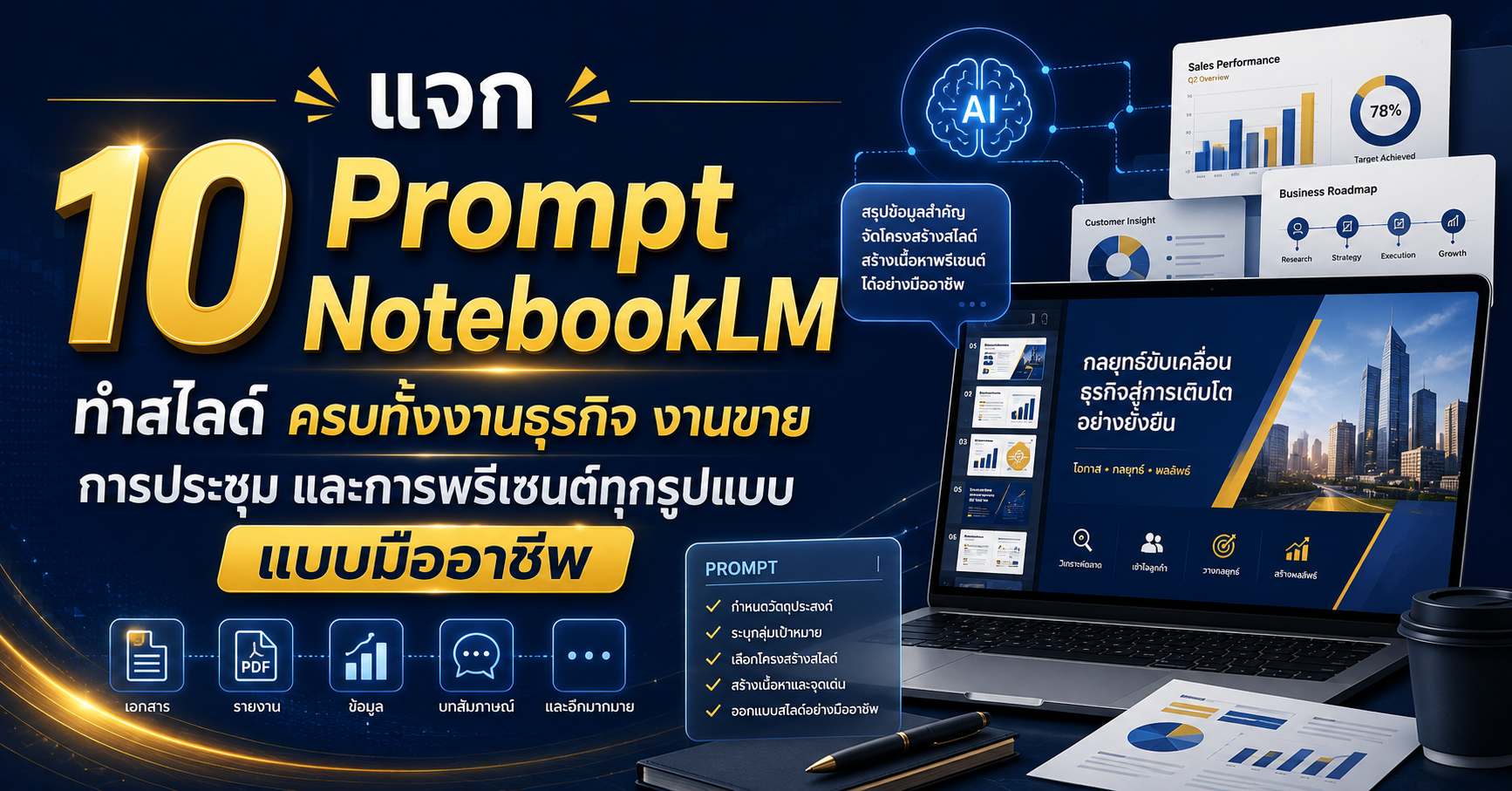 แจกฟรี 10 Prompt NotebookLM ทำสไลด์สำหรับงานธุรกิจ แบบมืออาชีพ 