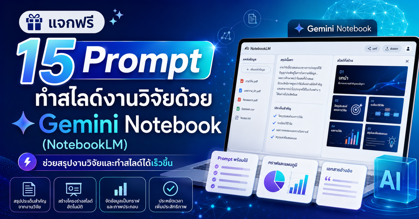 รวม 15 Prompt ทำสไลด์งานวิจัย สายวิชาการ ด้วย Gemini Notebook